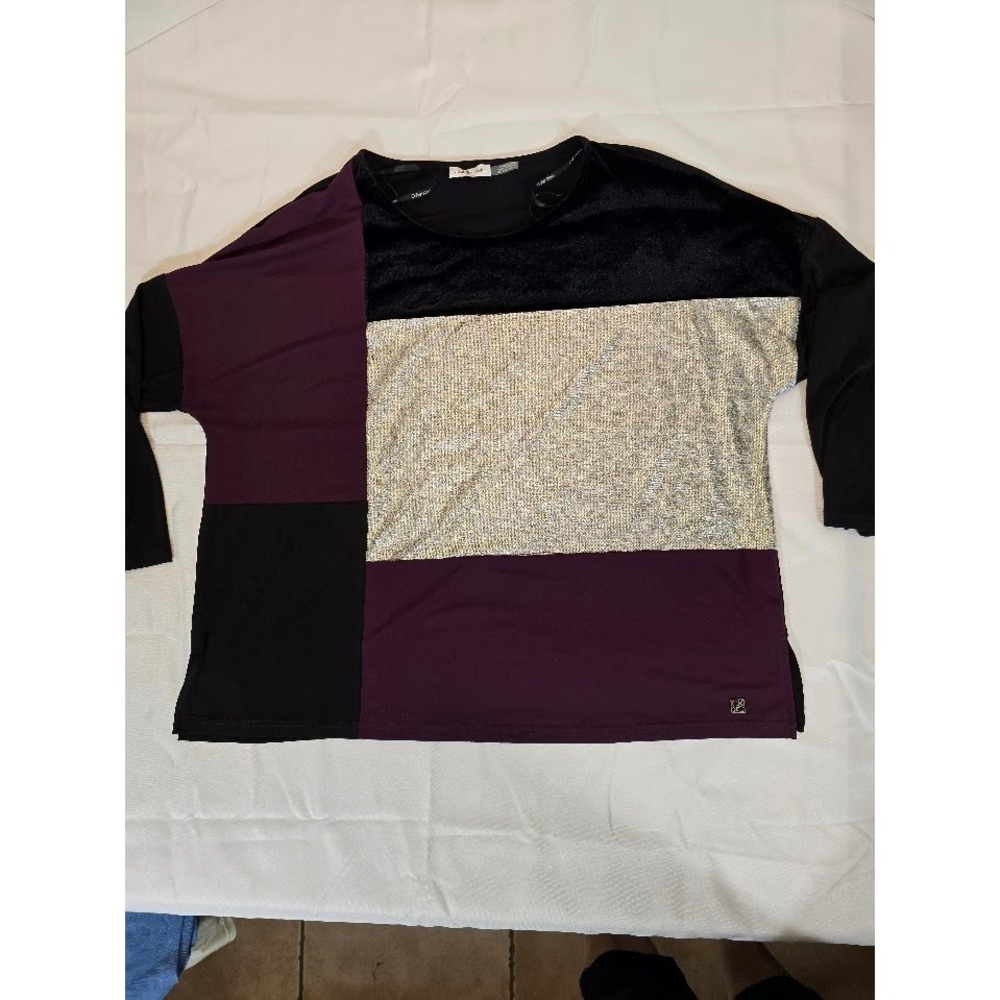 Calvin Klein Color Block Velvet Top Long Sleeve Pullover‎ Blouse XL